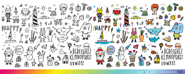 Collection of cute doodle handwritten decorative design elements, hand drawn in trendy doodle style - animals, plants, symbols. Colorful vector illustration