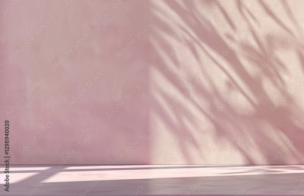 Poster sunlight from window shining tree shadow on soft pink wall room empty blank corner mockup space.