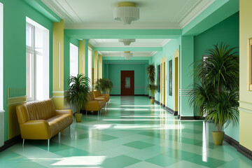 Obraz premium Bright and welcoming hospital lobby interior with modern design and vibrant colors