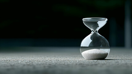 Close Up Hourglass with Flowing Sand against Gray Surface and Dark Background