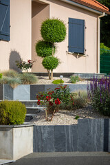 Charmant petit jardin paysag&eacute; avec ses fleurs et ses plantes vertes au printemps.