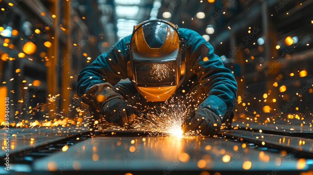 Poster a skilled worker performs welding tasks in a bustling manufacturing facility. sparks fly as metal is