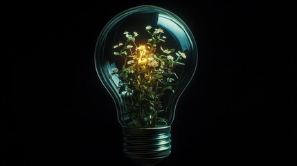 A light bulb glowing with tiny plants growing inside, symbolizing the fusion of innovation, growth, and the blooming of new ideas.