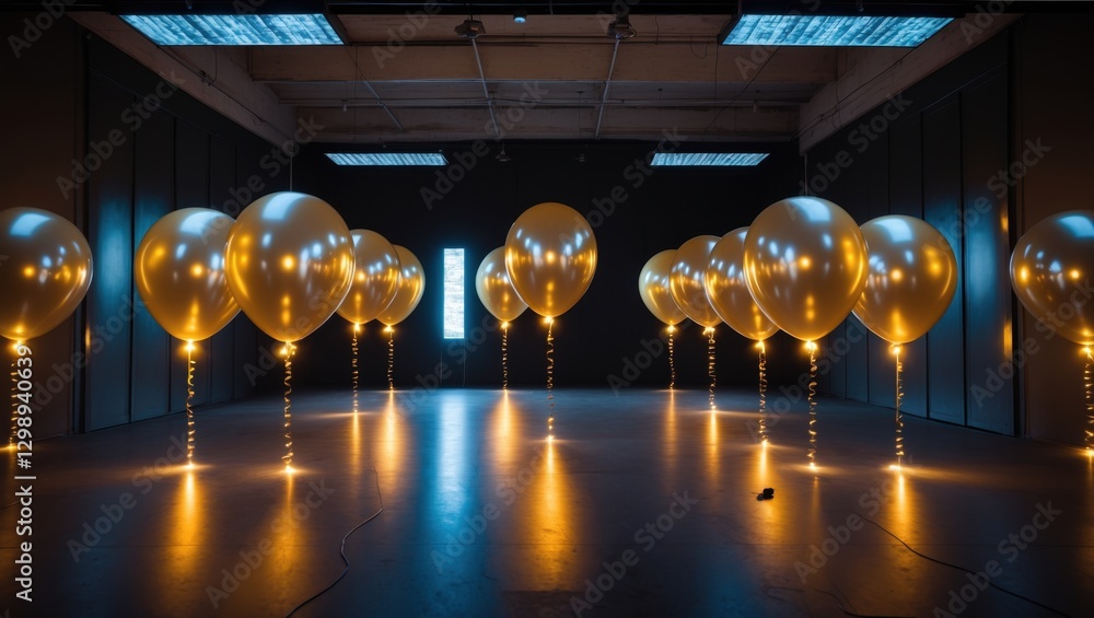 Poster a captivating display of illuminated balloons arranged in a dimly lit room, creating a magical atmos