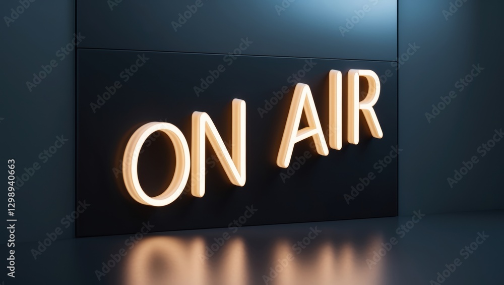 Poster illuminated on air sign in a modern studio with blue background and reflective surface, creating a p