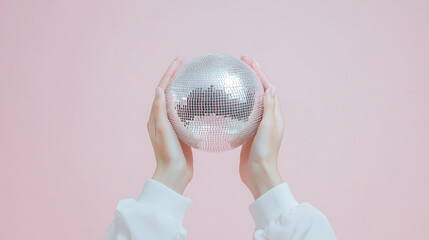 Holding a mirror disco ball against a pastel pink background. The person is wearing a white top. Fun and ready to party!