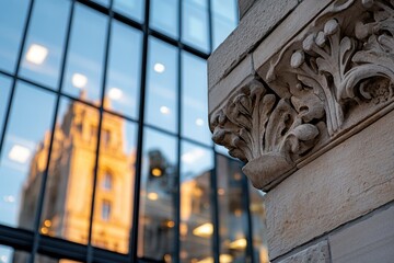 This stunning image features a beautiful blend of historic architecture and modern glass structures, highlighting the contrast between old and new in urban landscapes.