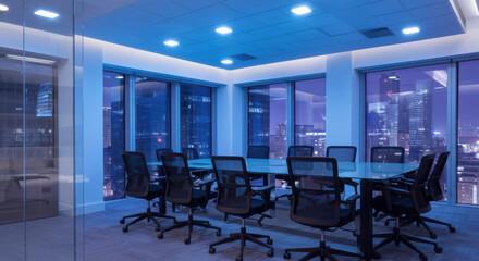 Modern corporate conference room with city skyline view and ambient lighting for professional meetings