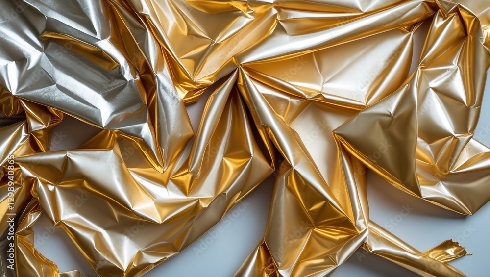 Poster intricate folds and creases of shimmering golden and silver metallic foil, creating a dynamic textur