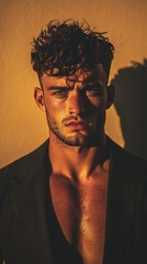 Fototapeta premium Man piercing eyes confident smirk gold backdrop