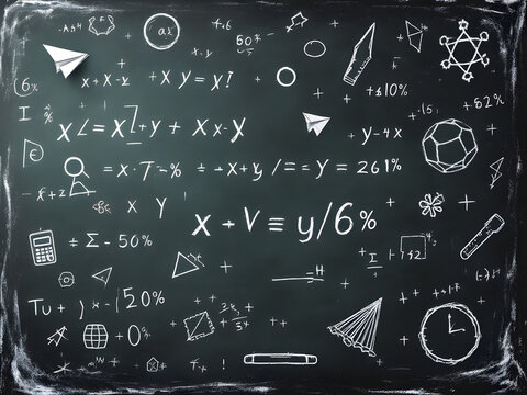 Comprehensive Educational Chalkboard Illustrating Diverse Mathematical Concepts, Scientific Diagrams, and Academic Symbols