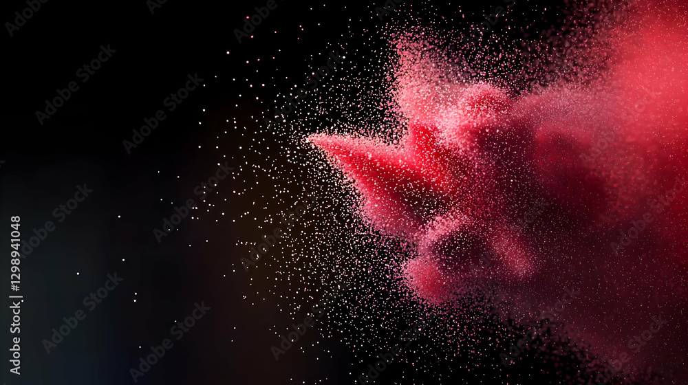 Poster abstract red powder explosion against dark background with dynamic particle effects