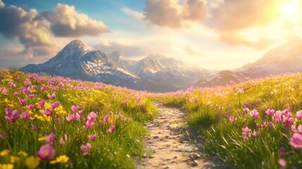 Fototapeta premium Walking Path Through Meadow Leading to Snowy Mountains at Sunrise