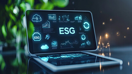 Fototapeta premium ESG concept with digital hologram displays on device, showcasing environmental, corporate, and development approaches.
