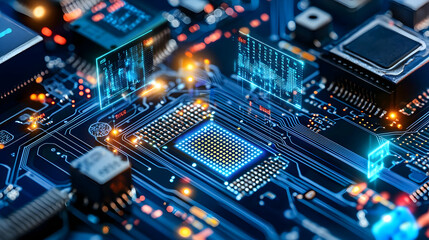 Obraz premium Abstract Digital Circuit Board With Blue And Orange Glowing Elements