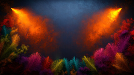Fototapeta premium Vibrant abstract background with colorful foliage and dramatic lighting. scene features bright orange lights illuminating rich tapestry of colorful plants, creating surreal atmosphere