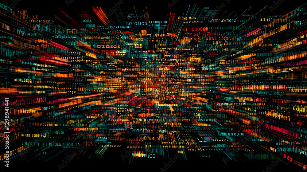 Poster abstract digital grid pattern with glowing colorful lights and technological theme on black backgrou