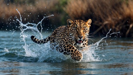 Leopard sprinting through river creating energetic splash