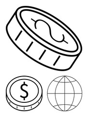 Dollar coin in perspective, flat coin with currency symbol, and globe outline. Ideal for economy, finance, global trade, investments, business, wealth abstract line flat metaphor