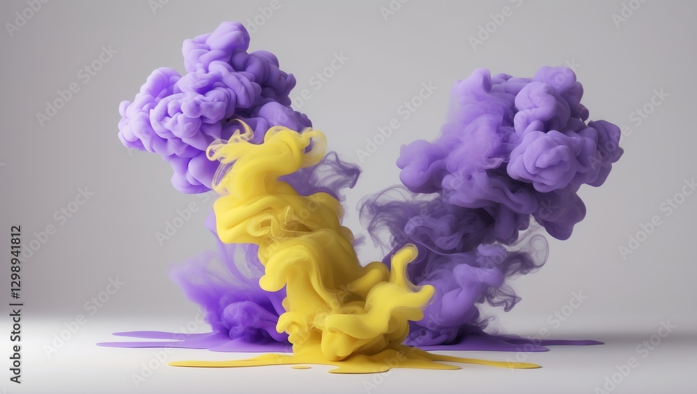Poster swirling yellow and purple smoke patterns creating dynamic visual effects on a neutral background
