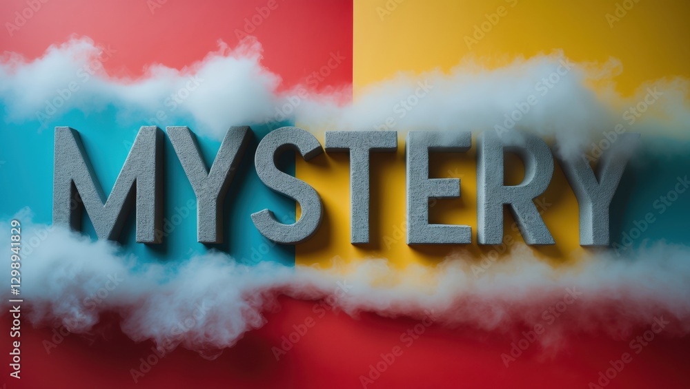 Poster the word 'mystery' formed in textured letters against a colorful background with vaporous clouds