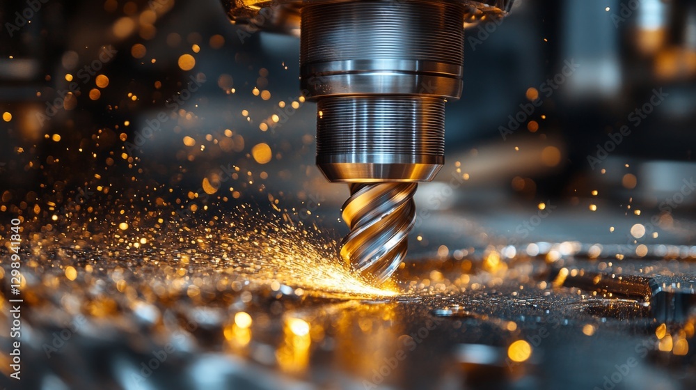 Poster A high-speed machining tool cuts through metal, creating bright sparks and shavings in a state-of-the-art factory. This automation enhances efficiency and precision in manufacturing.