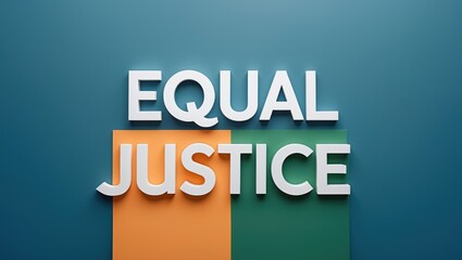 Three-dimensional typography of 'Equal Justice' in contrasting colors against a blue background