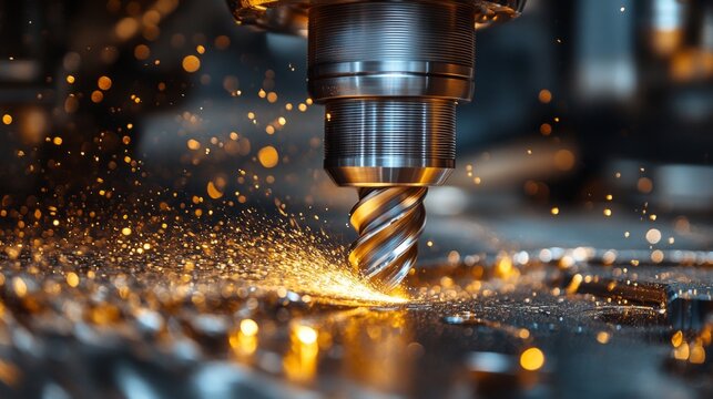 A high-speed machining tool cuts through metal, creating bright sparks and shavings in a state-of-the-art factory. This automation enhances efficiency and precision in manufacturing.