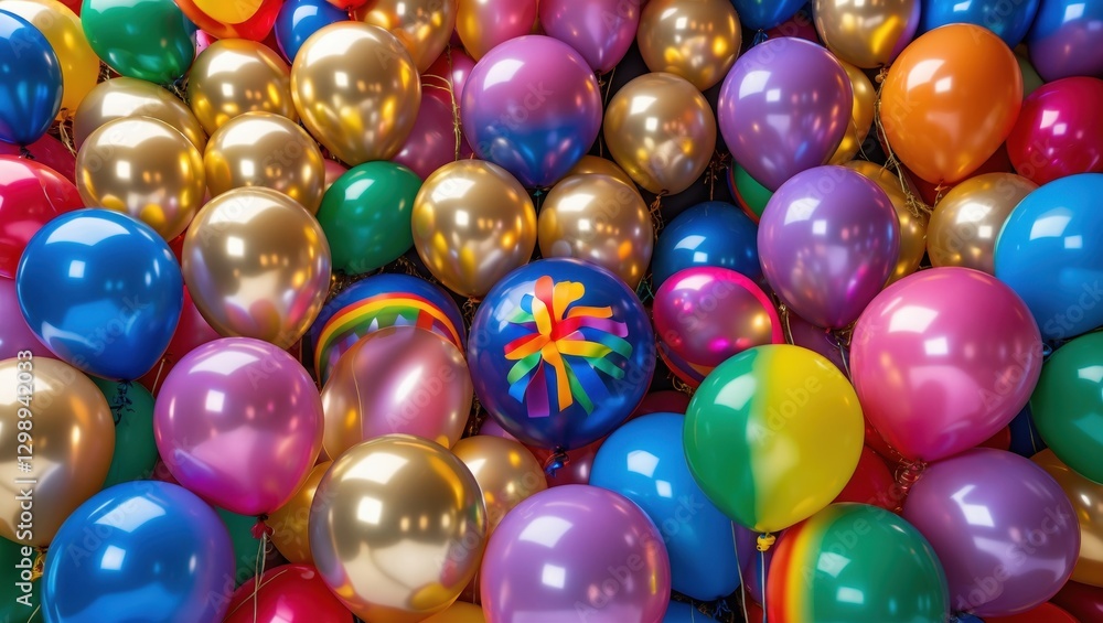 Poster vibrant array of colorful balloons in various shades and finishes, creating a festive atmosphere