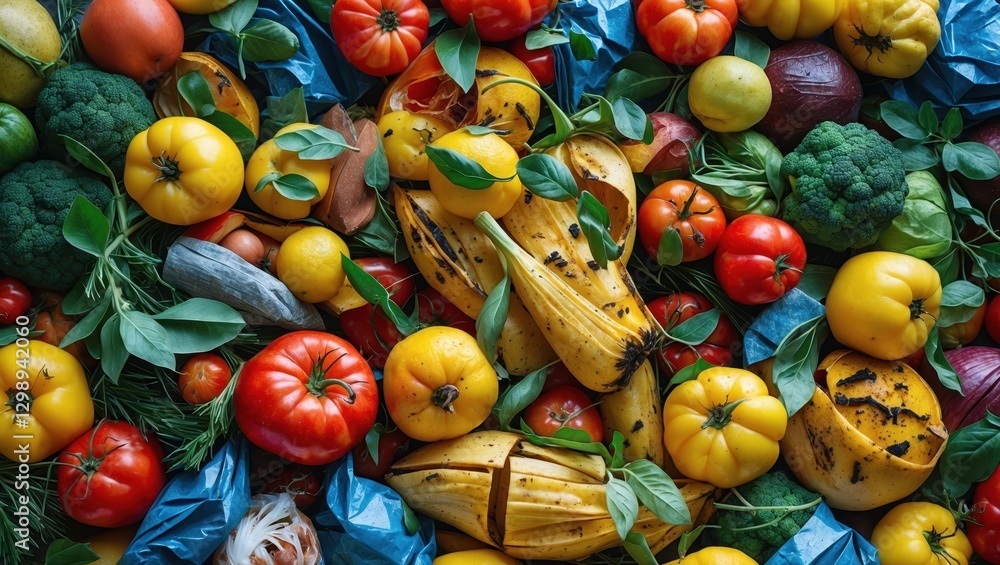 Poster vibrant array of assorted fresh vegetables including tomatoes, squash, and broccoli arranged artisti