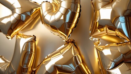 Shiny golden balloons in various shapes, creating a festive atmosphere with a soft light background