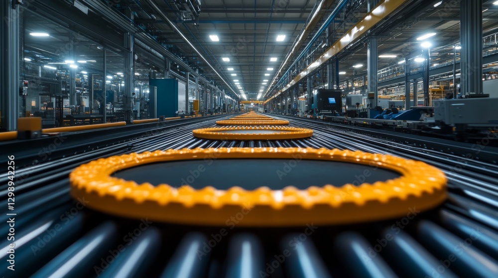 Poster Brightly lit factory interior features a conveyor system transporting circular components. Automated machinery operates seamlessly in the background, enhancing productivity and efficiency.