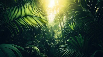 A vibrant jungle scene with dense green foliage and sunlight filtering through the leaves.