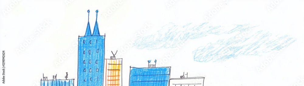 Poster cityscape drawing with light blue clouds sky sketching style with pastel colours and textures detail