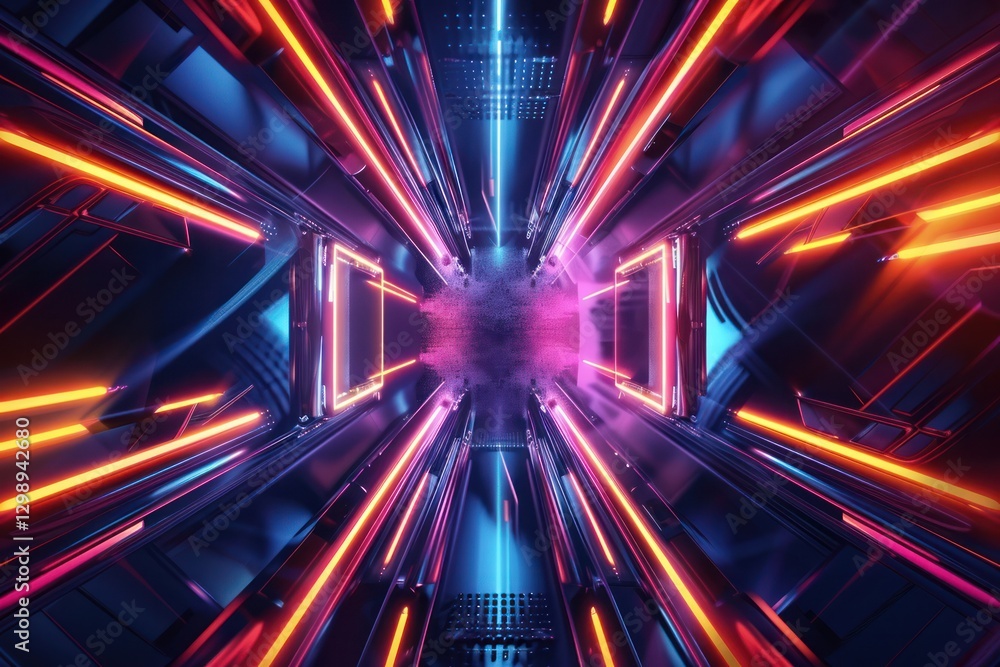 Canvas Prints abstract futuristic tunnel structure dark background with neon blue pink and orange glow