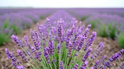 Lavender field rows, natural light, focused flowers, beautiful view, potential use nature background, landscape image