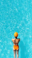 A Chinese swimmer prepares for the start, with space for text on the right. 