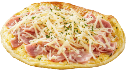 Omelette with ham and grated cheese on transparent background