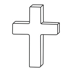Obraz premium 3D Christian cross vector illustration. Religious symbol outline in doodle style. Black line art isolated on white background.