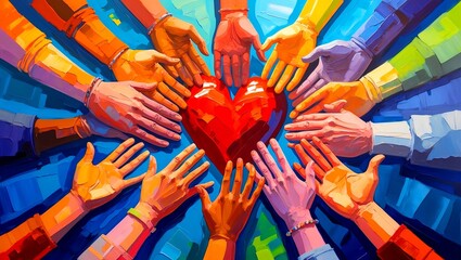 Many hands united in love and colorful harmony
