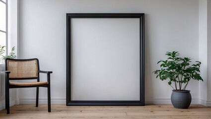 Minimalist room with empty black framed poster