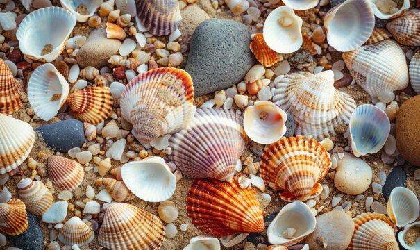 Seashells on sandy beach close up shot top view.