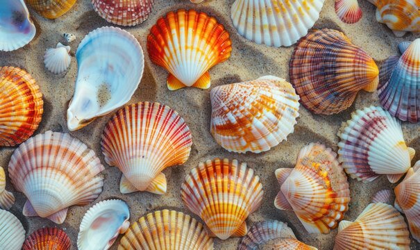 Seashells on sandy beach close up shot top view. - Powered by Adobe