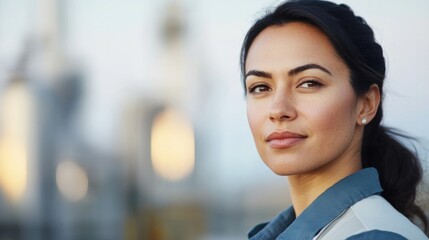 portrait of thoughtful worker at water treatment plant with blurred industrial background suggesting innovation and