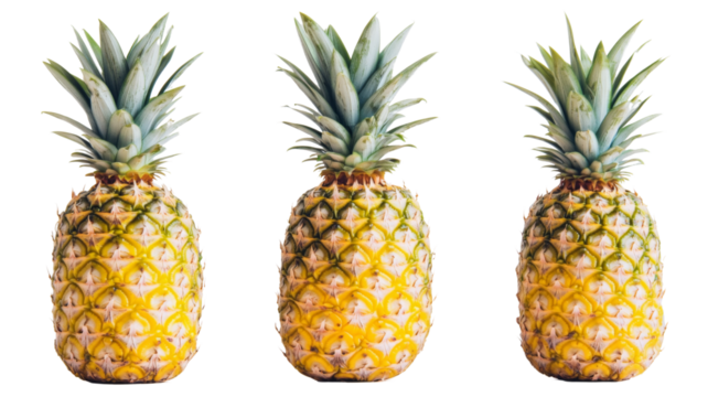 Three ripe pineapples standing on transparent background