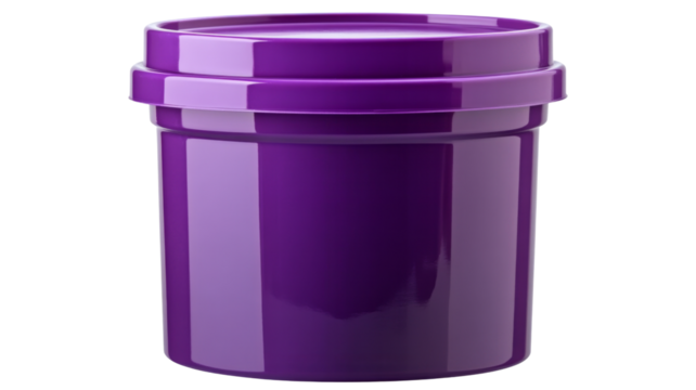 Glossy purple plastic jar with lid on transparent background