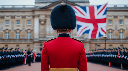 British Guard: stoic in red uniform & iconic bearskin hat, a symbol of tradition, with fellow soldiers lined up during a royal event.