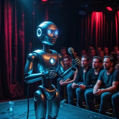 Naklejka premium A humanoid robot stands on stage holding a microphone while delivering a performance. Human spectators are captivated in a crowded venue illuminated by red and blue lights, engaging with the act