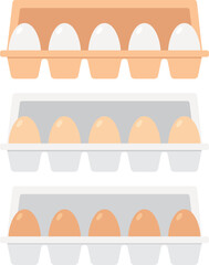 Set of chicken eggs in white, brown and light brown colors in egg trays with open covers . Vector illustration with transparent background.