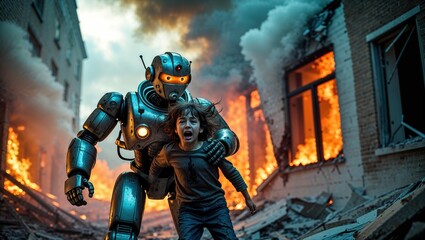 In a chaotic urban environment engulfed in flames, a humanoid robot rescues a terrified child from the destruction, highlighting the consequences of automation taking over human roles